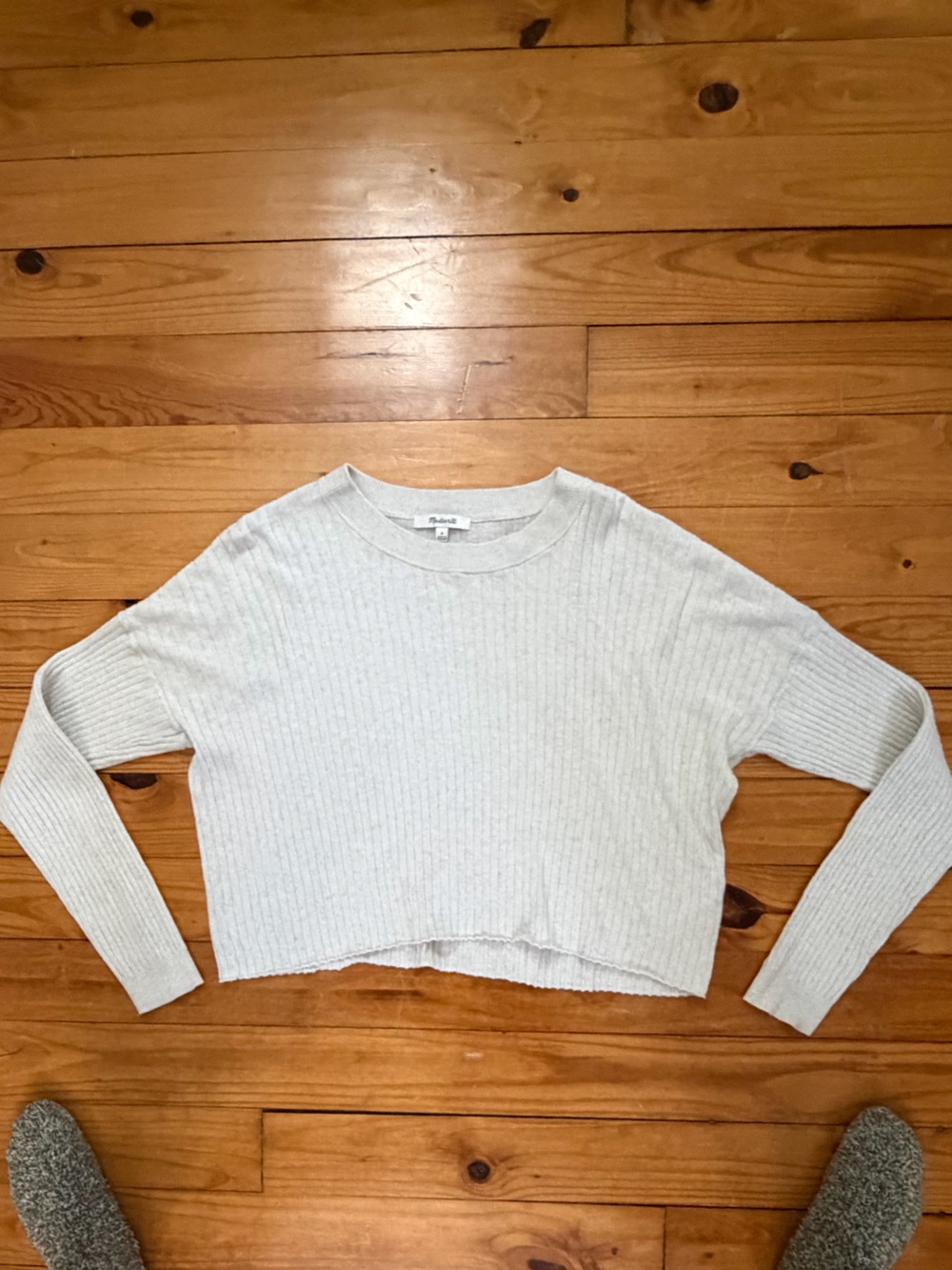 Madewell Crop Antique Cream/Light Grey Ribbed Sweater Size M - Picture 2 of 9